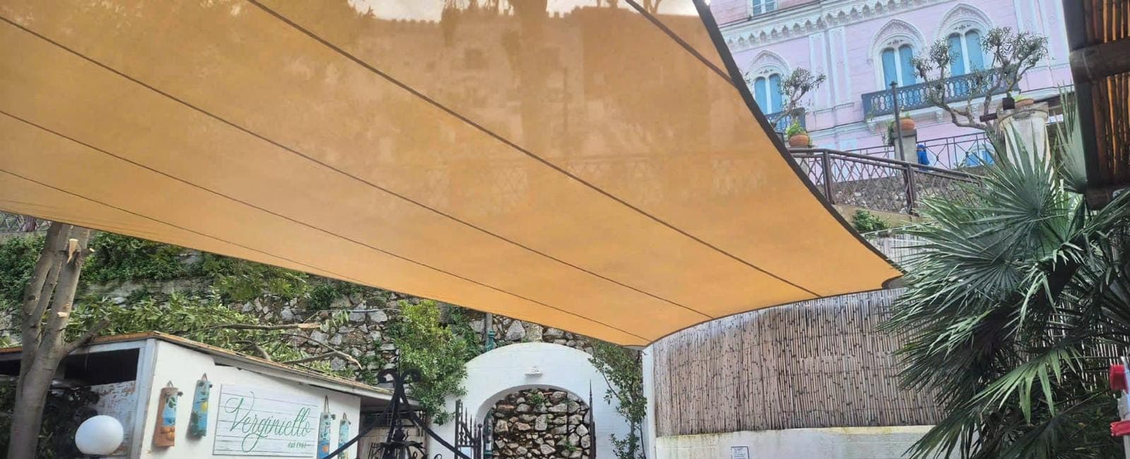 La vela vista dal cortile, con la palma e la facciata del palazzo dietro